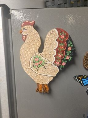 Hand-Painted Cream & Floral Rooster Magnetic Hook Cottagecore Farmhouse
